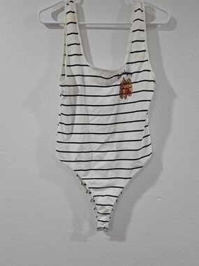 Zara White One-Piece Swimsuit with Black Stripes and Surf Patch